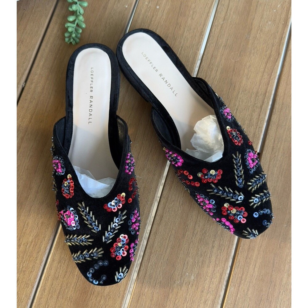 Loeffler Randall Beaded Sequin Flat Suede Mule Size 9.5 Black Blue